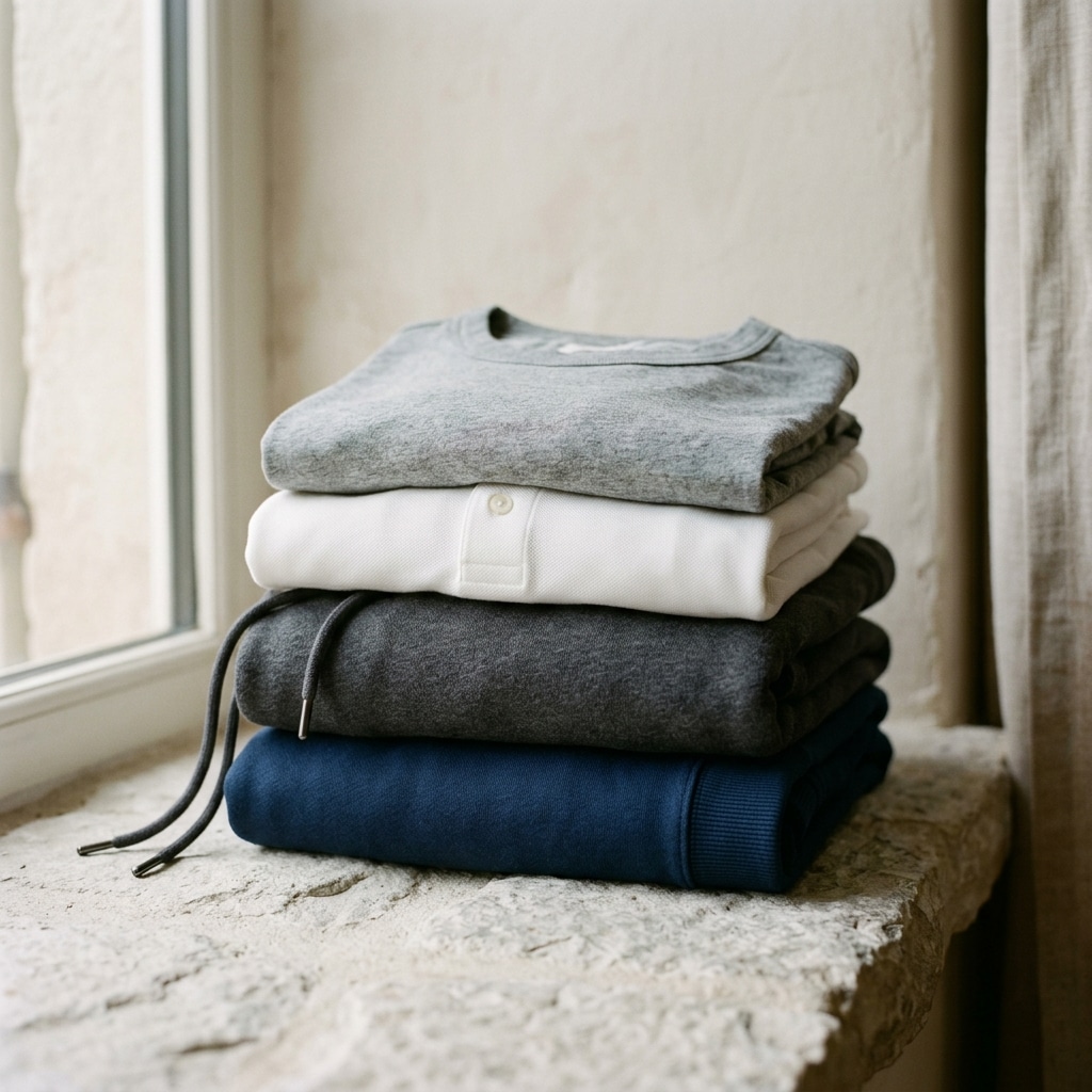 Stack of folded knitwear: grey t-shirt, white pique polo, charcoal fleece hoodie and navy sweatshirt